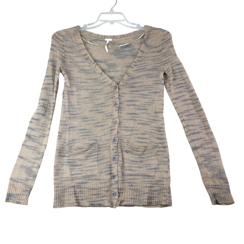Free People Beach S Tan Blue Space Dye Mohair Blend V-Neck Cardigan Sweater Boho